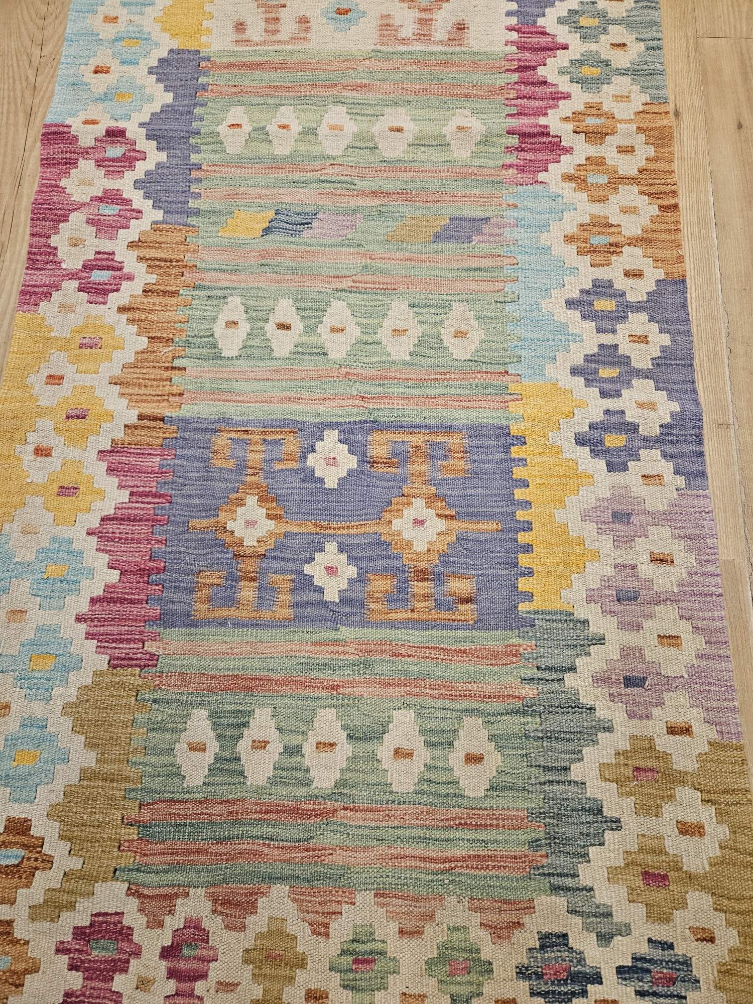 245x76 handgeweven oosterse wollen kelim loper ID32940 - Afbeelding 2