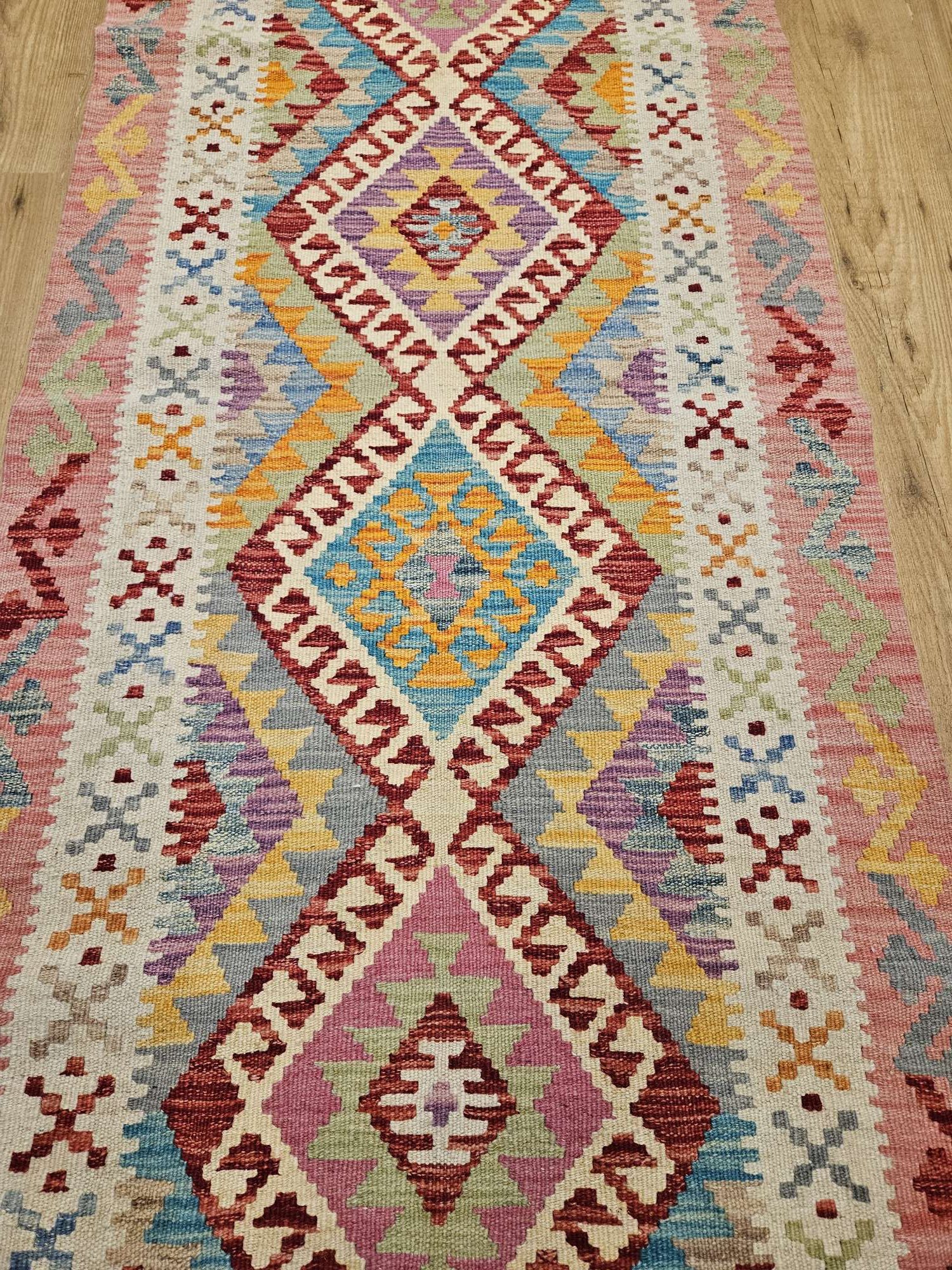 291x80 handgeweven oosterse wollen kelim loper ID32963 - Afbeelding 2