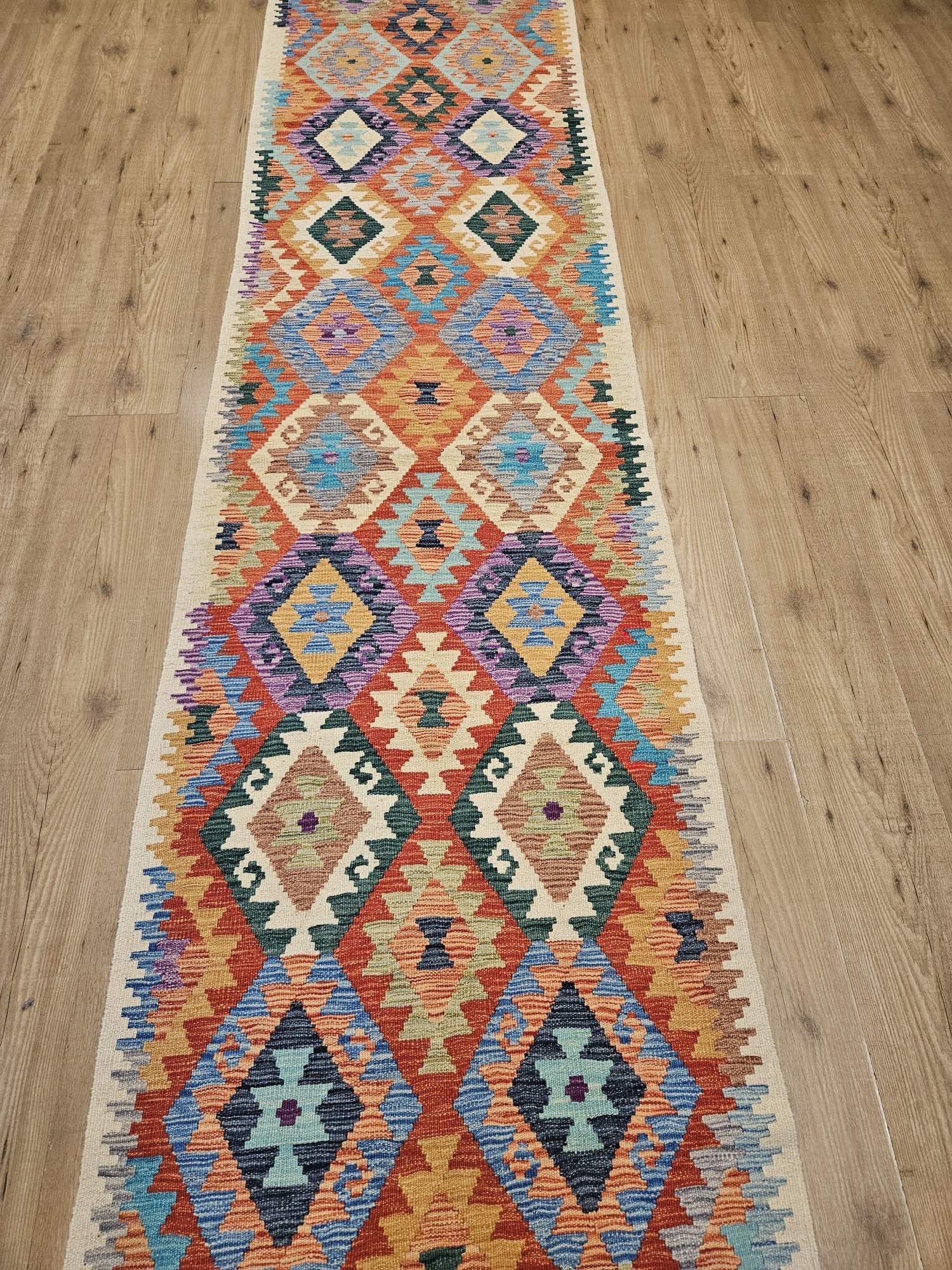 393x80 handgeweven oosterse wollen kelim loper ID33526 - Afbeelding 2