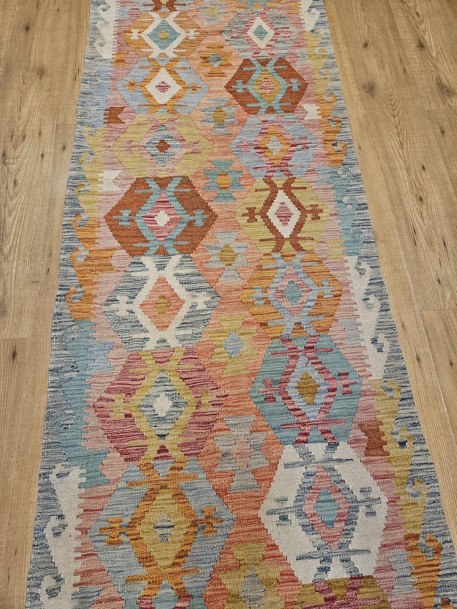 296x84 handgeweven oosterse wollen kelim loper ID33690 - Afbeelding 2