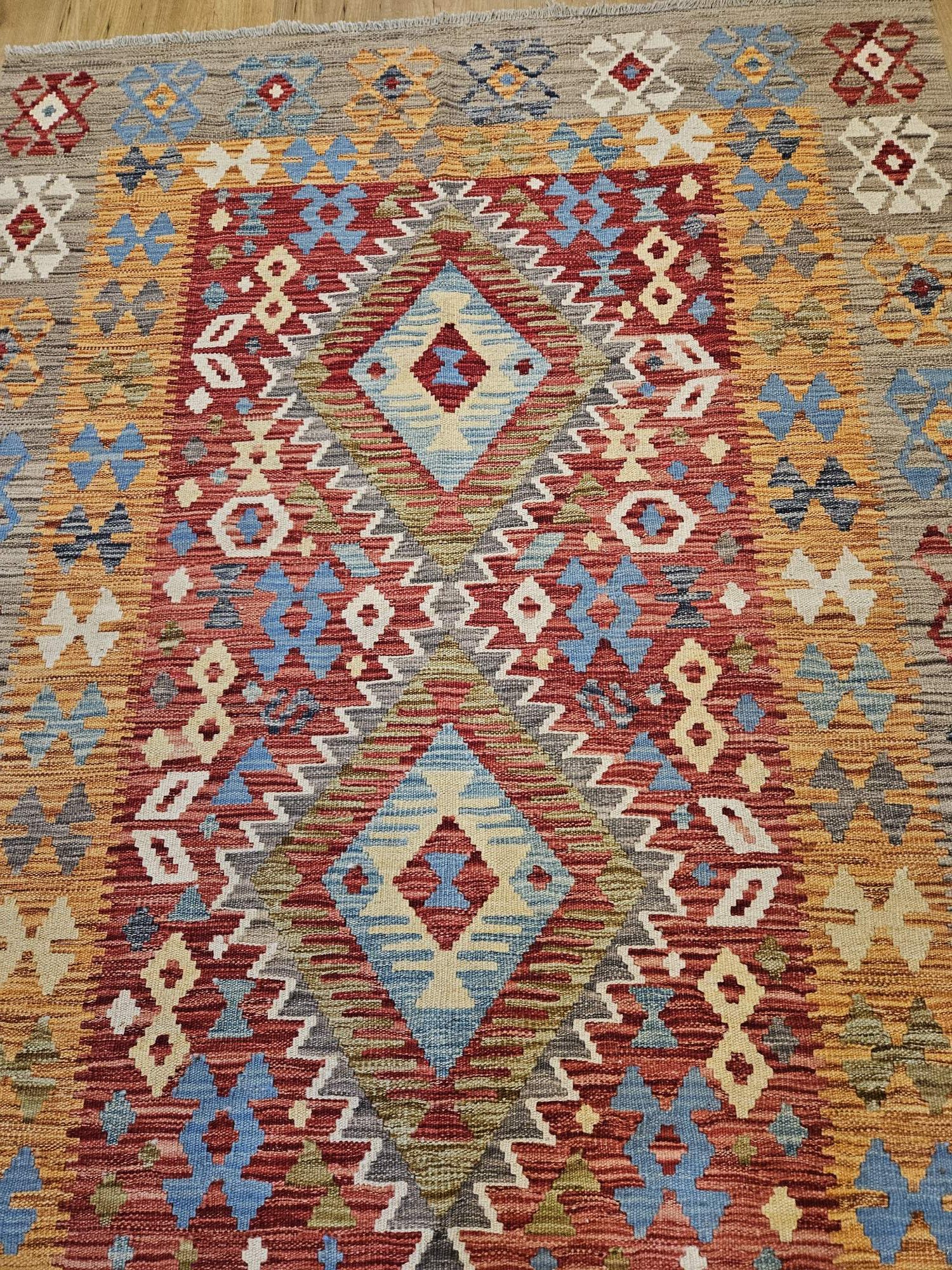 198x141 handgeweven oosterse wollen kelim ID33694 - Afbeelding 2